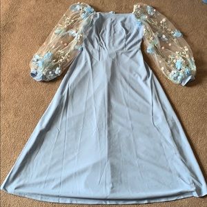 Embroidered Mesh Sleeve Flare Dress